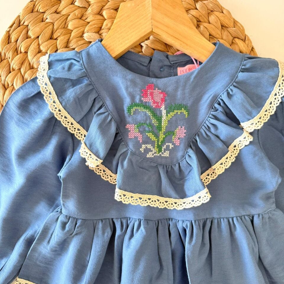 Bebe Yakalı Çicekli Elbise Mavi (toka hediyelidir) 5-6 YAŞ