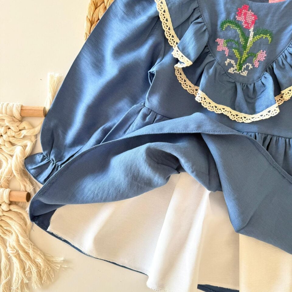 Bebe Yakalı Çicekli Elbise Mavi (toka hediyelidir) 5-6 YAŞ