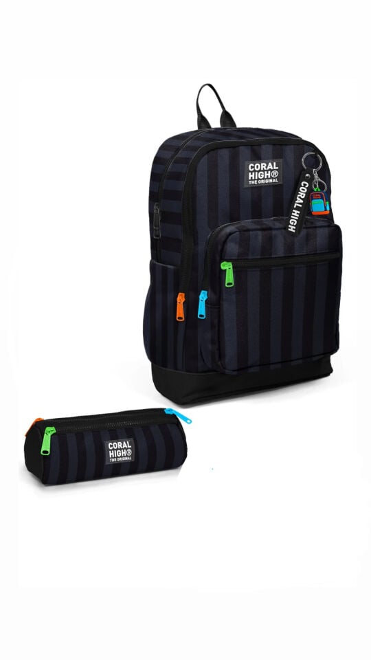 Coral High Kids Siyah Çizgi Desenli 2'li Okul Çanta Seti SET0133218 Adet