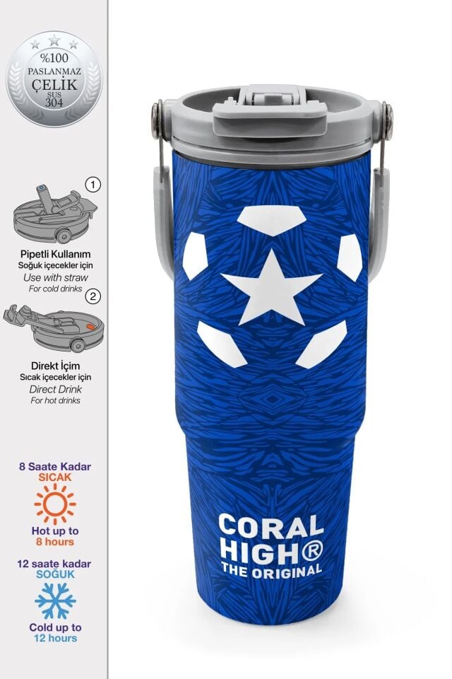 Coral High Lacivert Saks Futbol Desenli Pipetli ve Direkt İçim Çelik Termos 900 ml 38721 Adet