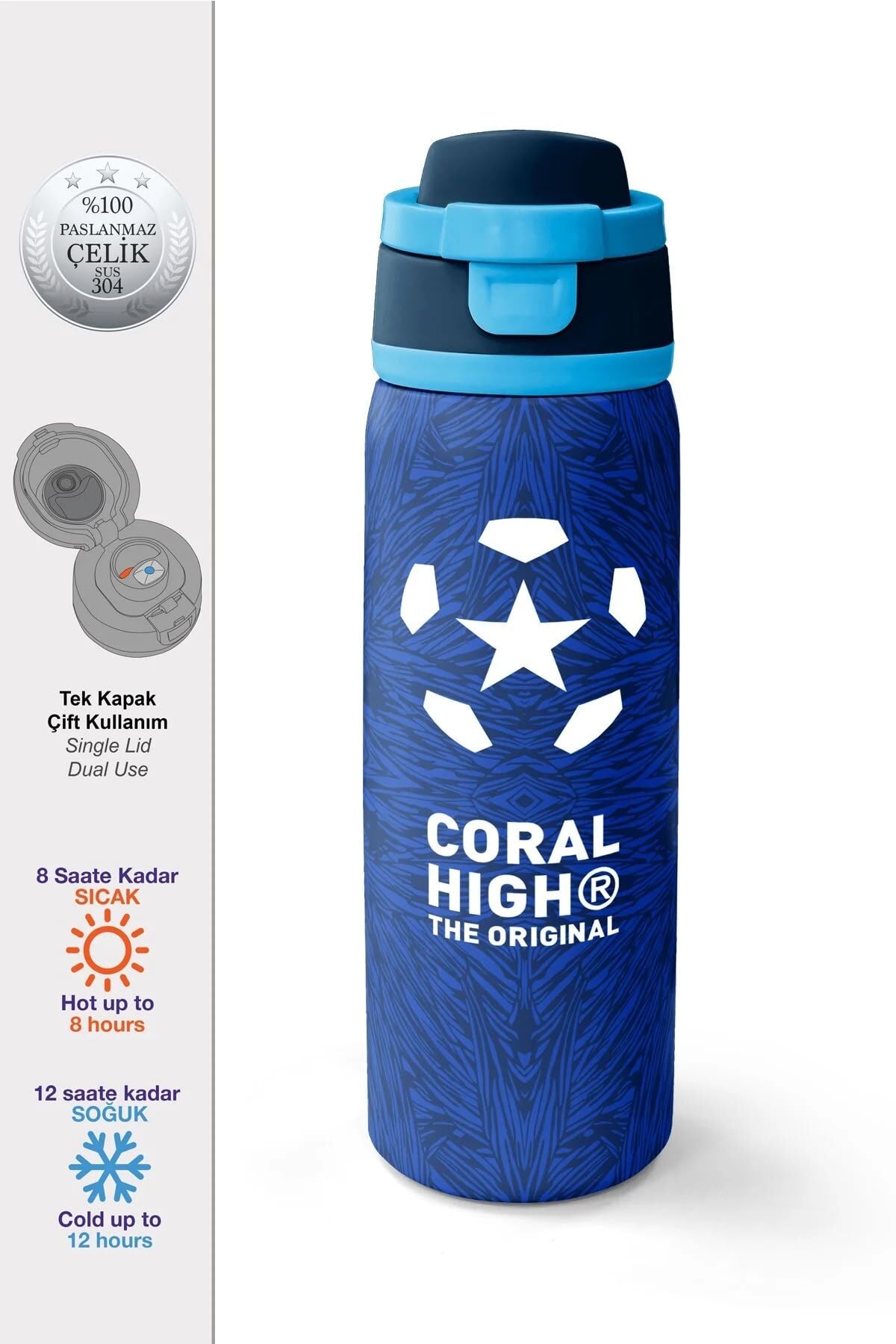 Coral High Lacivert Saks Futbol Desenli Pipetli ve Direkt İçim Çelik Termos 800 ml 38557 Adet