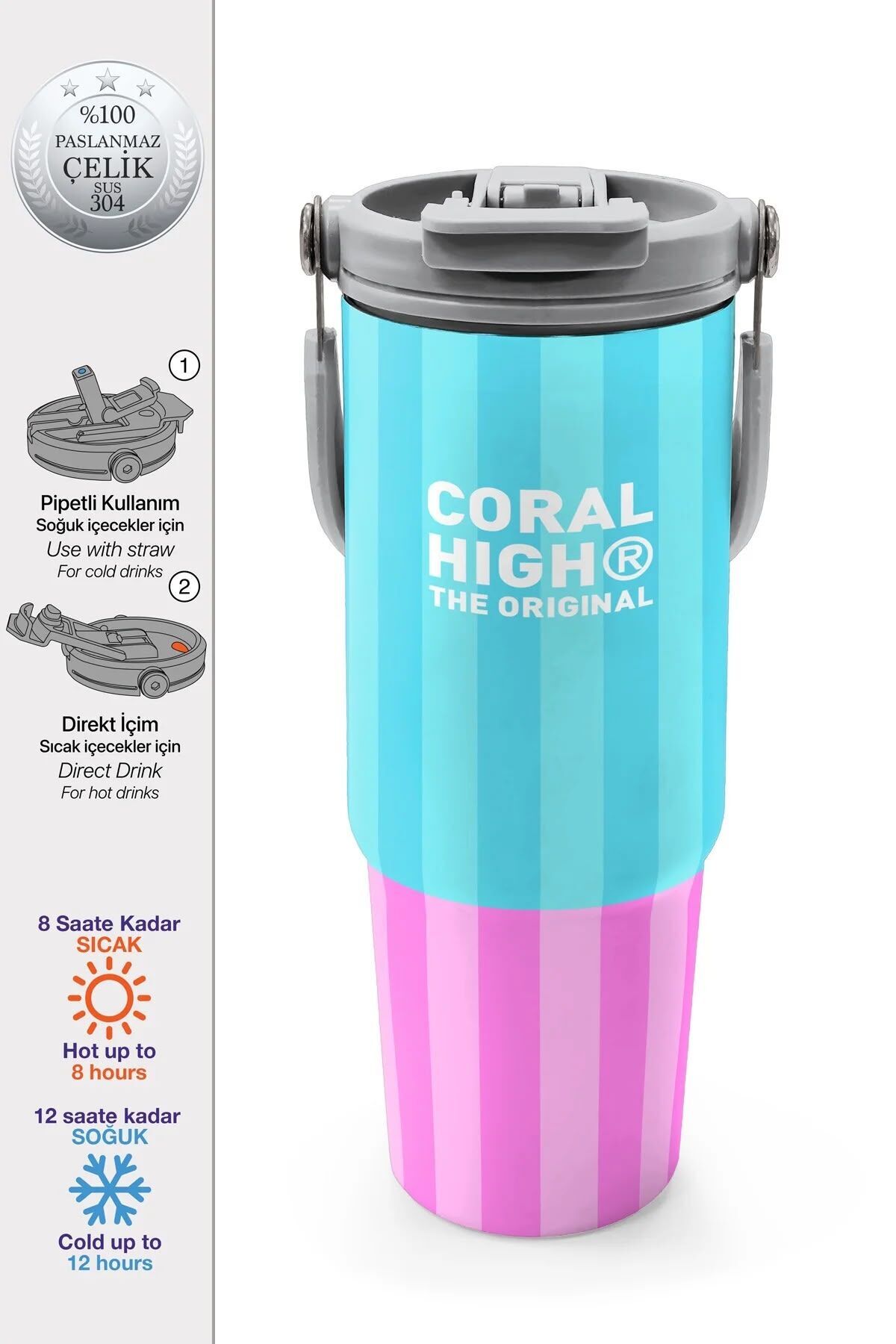 Coral High Renkli Çizgili Desenli Pipetli ve Direkt İçim Çelik Termos 600 ml 38747 Adet