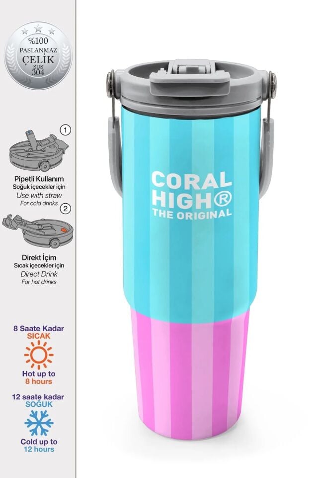 Coral High Renkli Çizgili Desenli Pipetli ve Direkt İçim Çelik Termos 600 ml 38747 Adet