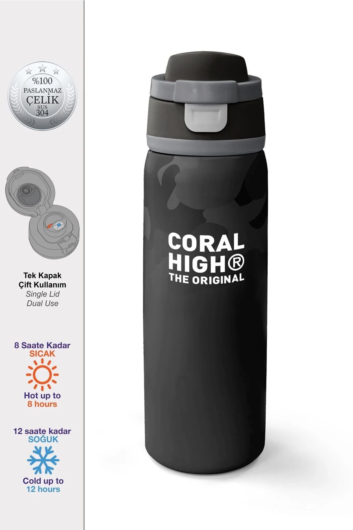 Coral High Siyah Kamuflaj Desenli Pipetli ve Direkt İçim Çelik Termos 800 ml 38516 Adet