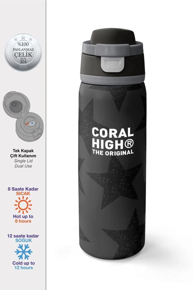 Coral High Siyah Gri Yıldız Desenli Pipetli ve Direkt İçim Çelik Termos 800 ml 38515 Adet