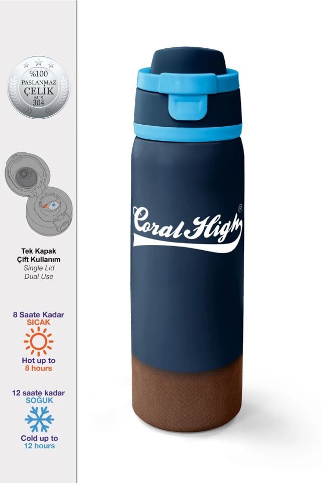 Coral High Lacivert Kahverengi Pipetli ve Direkt İçim Çelik Termos 800 ml 38514 Adet