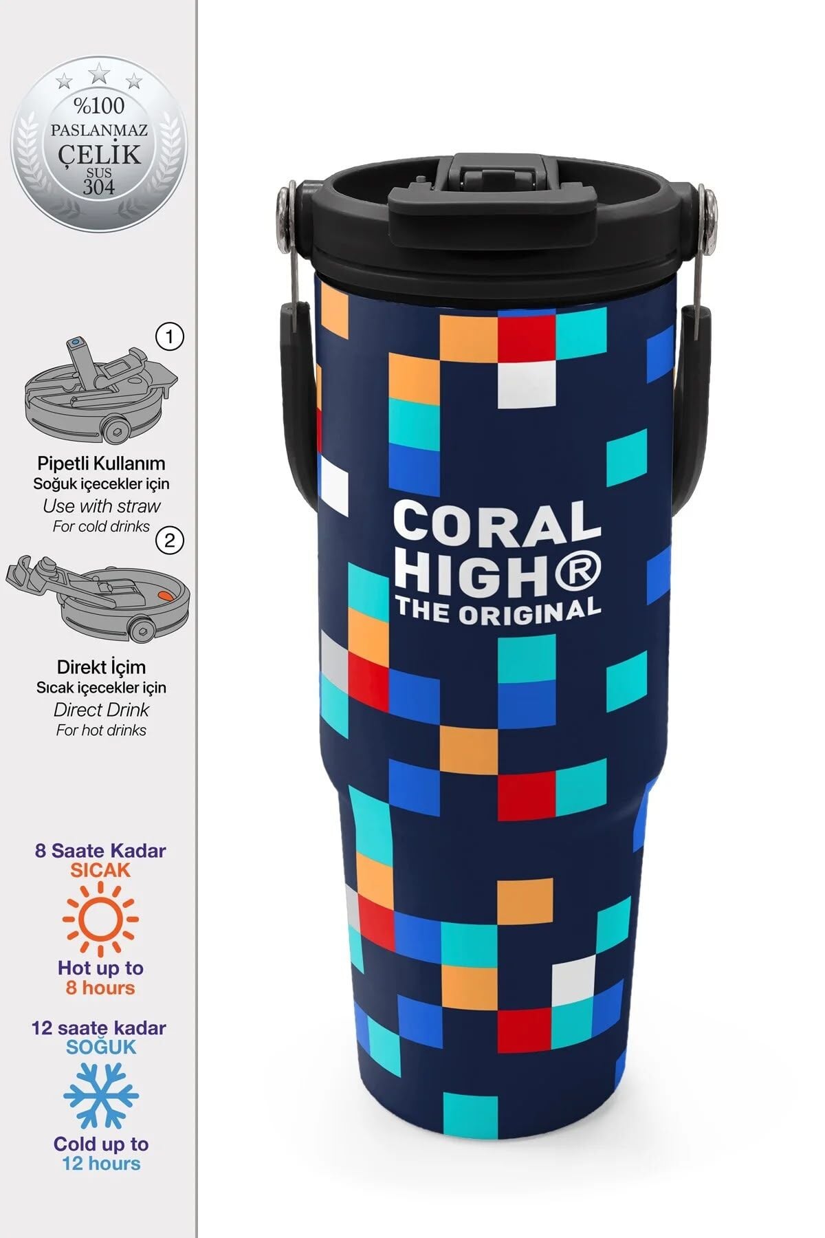 Coral High Lacivert Geometrik Desenli Pipetli ve Direkt İçim Çelik Termos 900 ml 38707 Adet