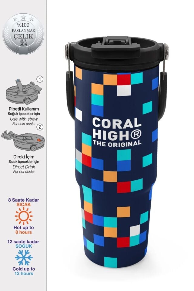 Coral High Lacivert Geometrik Desenli Pipetli ve Direkt İçim Çelik Termos 900 ml 38707 Adet