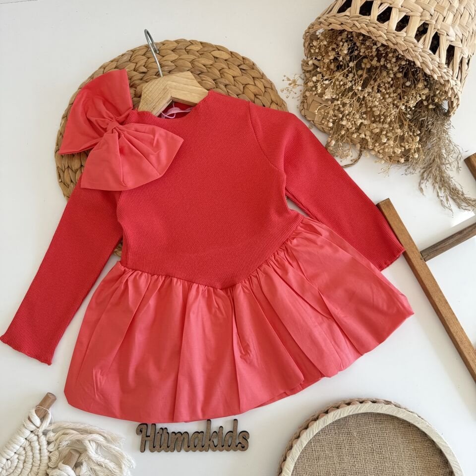 Fiyonk Detaylı Nar Çiceği Elbise 3-4 YAŞ