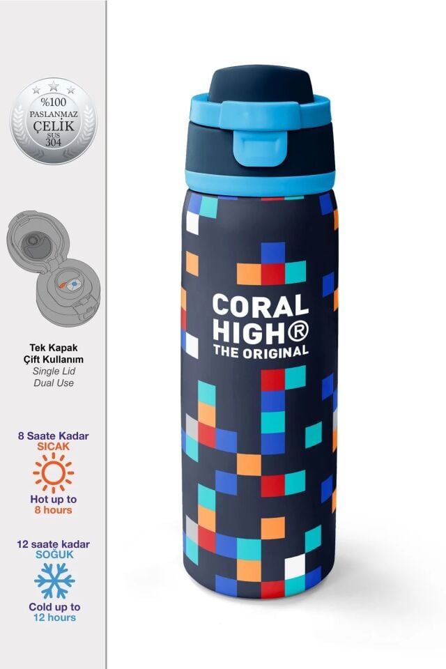 Coral High Lacivert Geometrik Desenli Pipetli ve Direkt İçim Çelik Termos 800 ml 38513 Adet