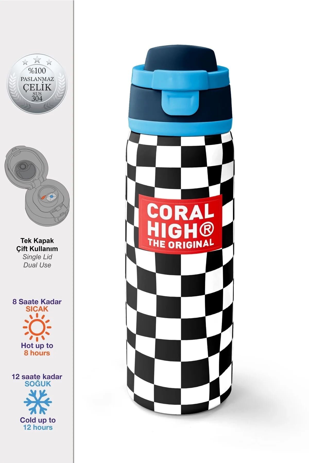 Coral High Siyah Beyaz Dama Desenli Pipetli ve Direkt İçim Çelik Termos 800 ml 38512 Adet