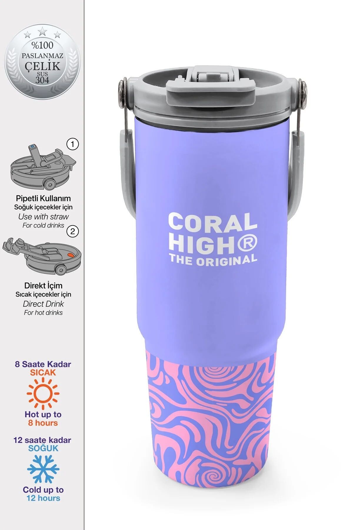 Coral High Milka Geometrik Desenli Pipetli ve Direkt İçim Çelik Termos 900 ml 38704 Adet