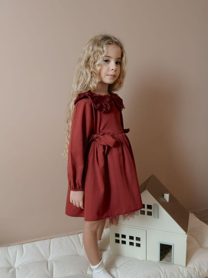 Bordo Güllü Elbise 5-6 YAŞ