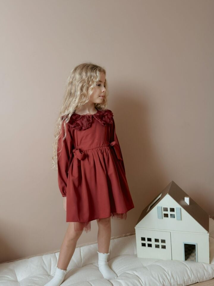 Bordo Güllü Elbise 5-6 YAŞ