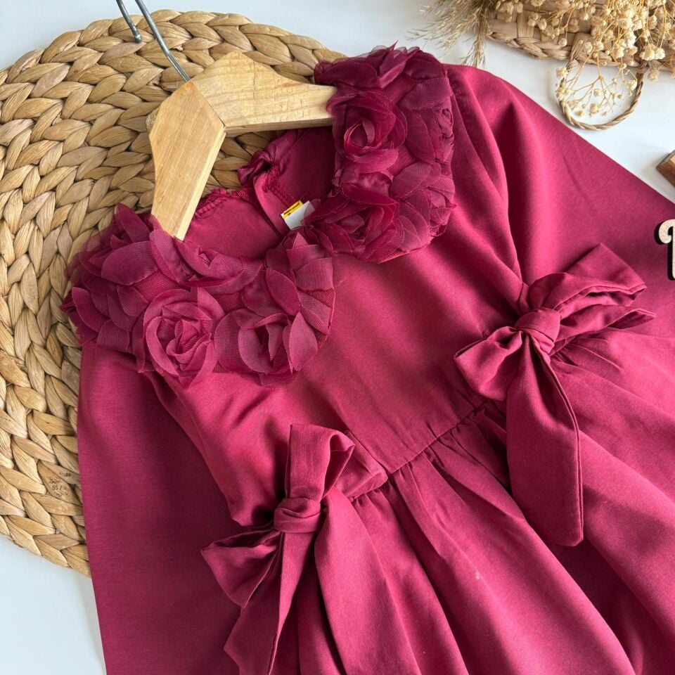 Bordo Güllü Elbise 7-8 YAŞ