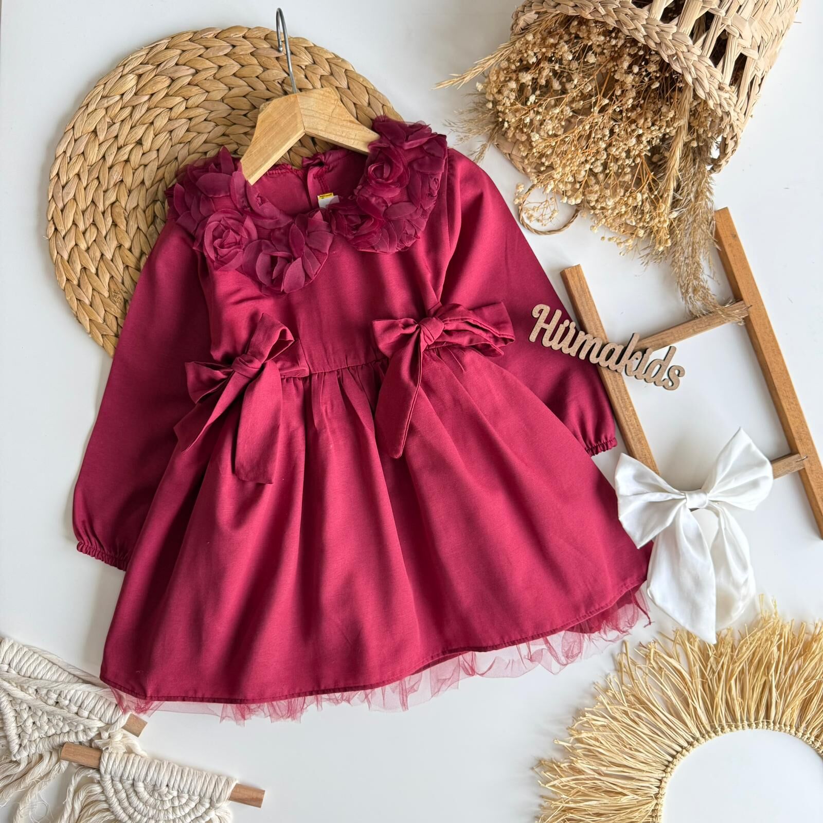 Bordo Güllü Elbise 5-6 YAŞ