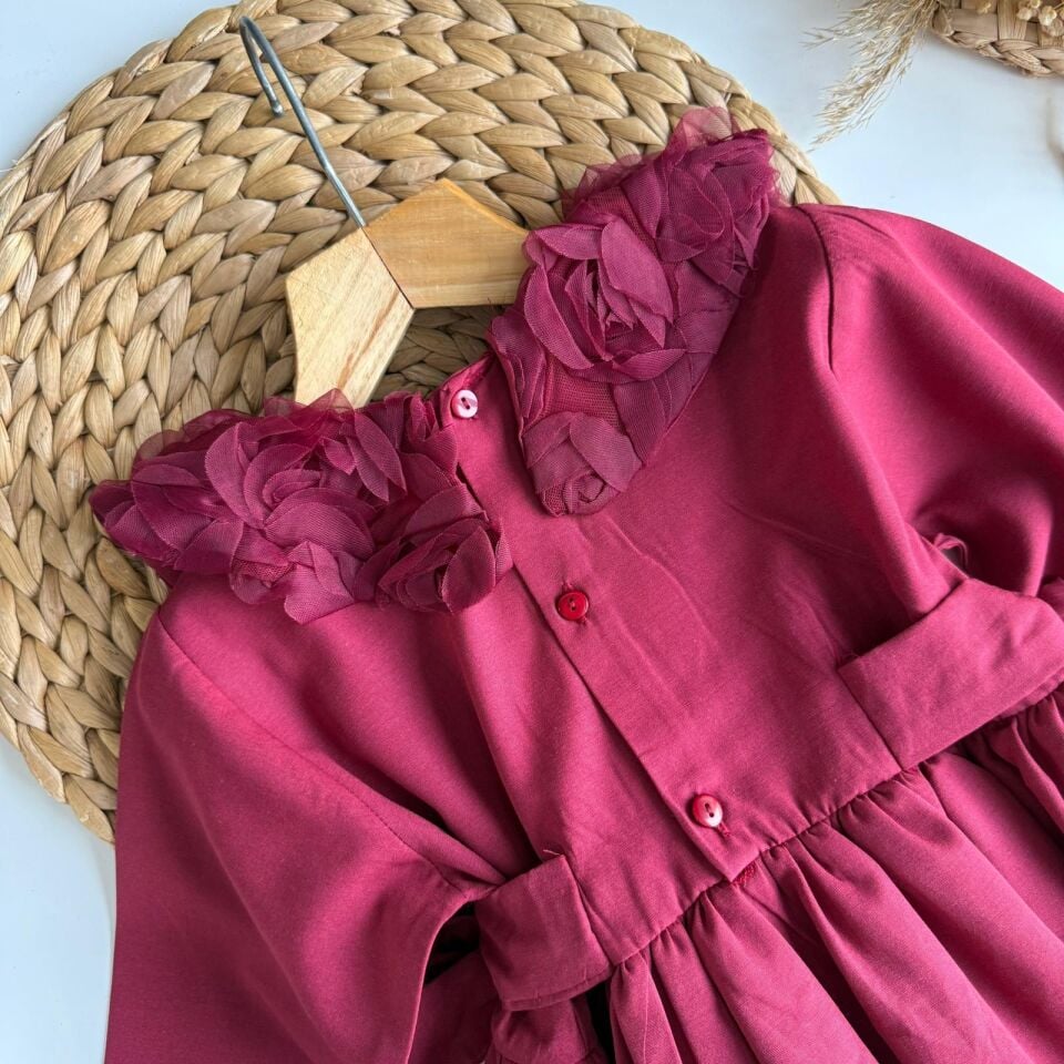 Bordo Güllü Elbise 7-8 YAŞ