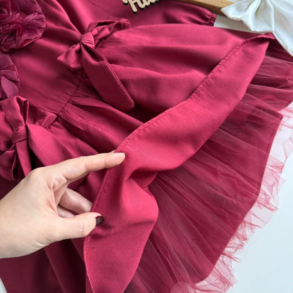 Bordo Güllü Elbise 7-8 YAŞ