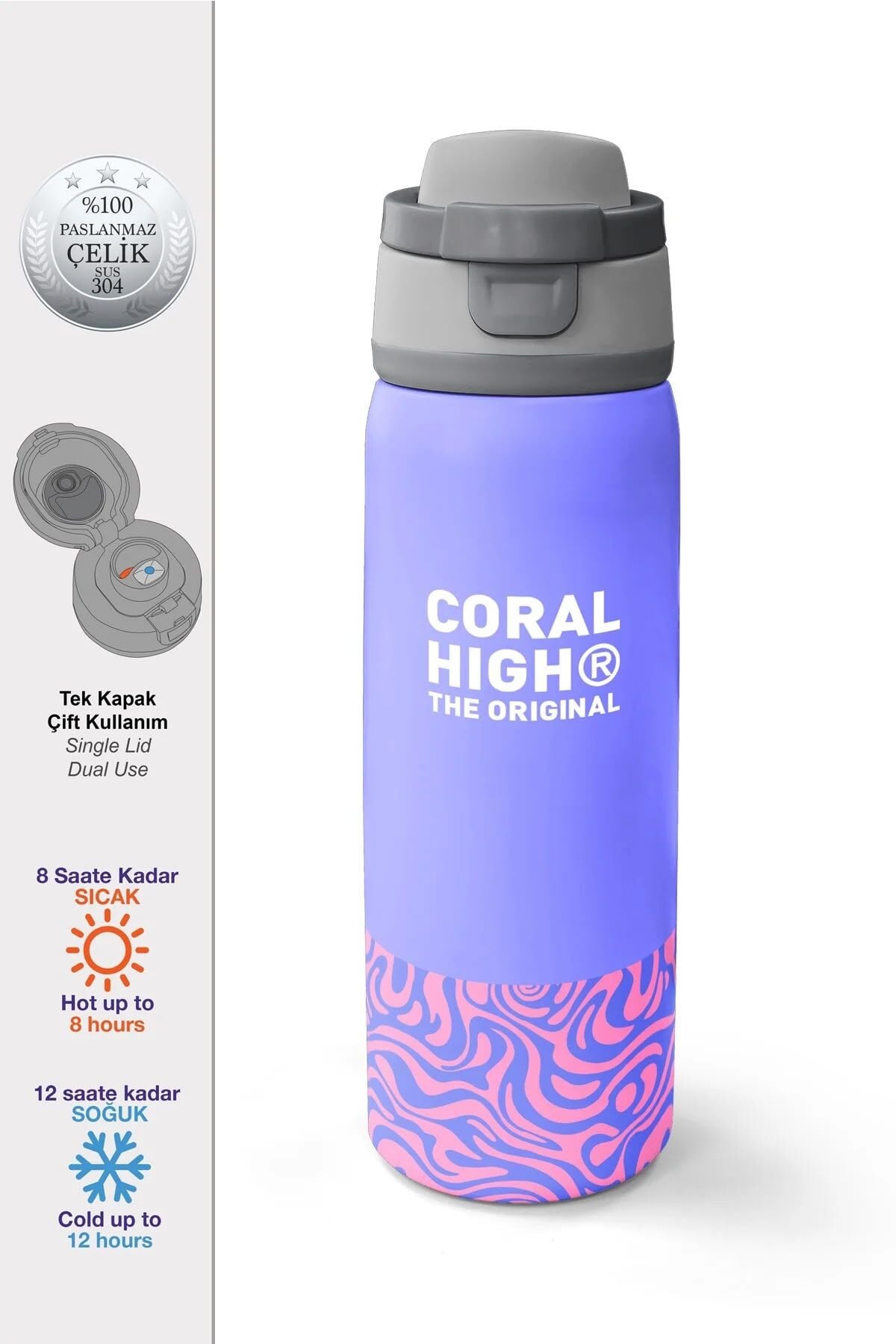 Coral High Milka Geometrik Desenli Pipetli ve Direkt İçim Çelik Termos 800 ml 38505 Adet