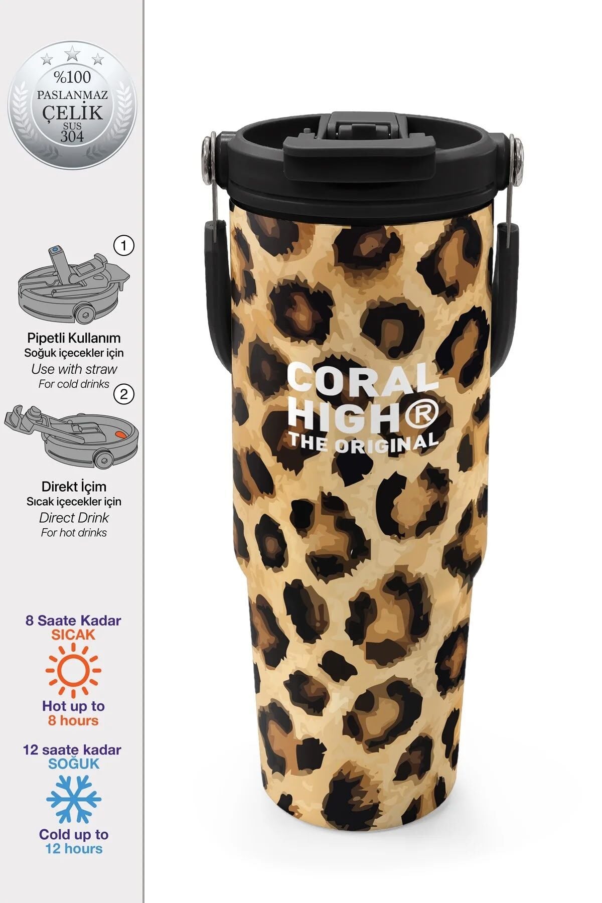 Coral High Kahverengi Leopar Desenli Pipetli ve Direkt İçim Çelik Termos 900 ml 38719 Adet