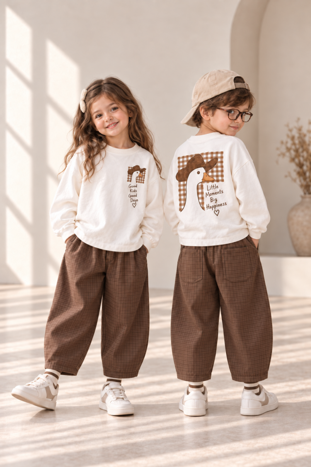 Ördek Baskılı Gabardin Pantolonlu Takım 7-8 YAŞ