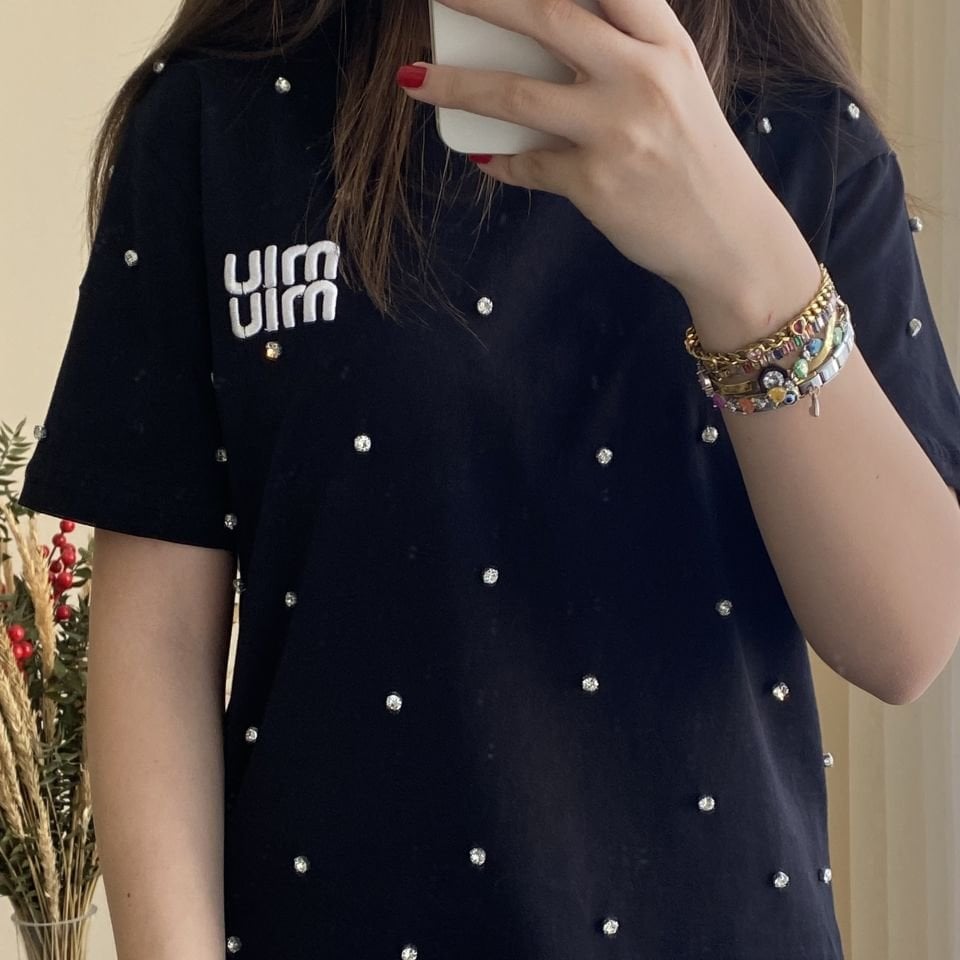 Siyah Taşlı Miu Tshirt S