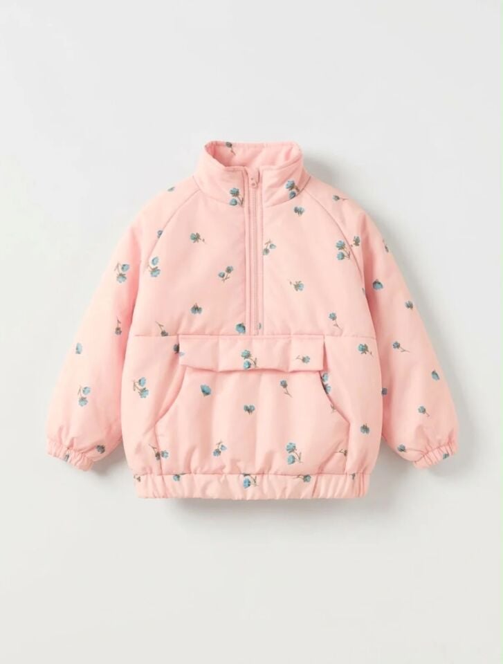 Dik Yaka Pembe Çiçekli Mont 6-7 YAŞ