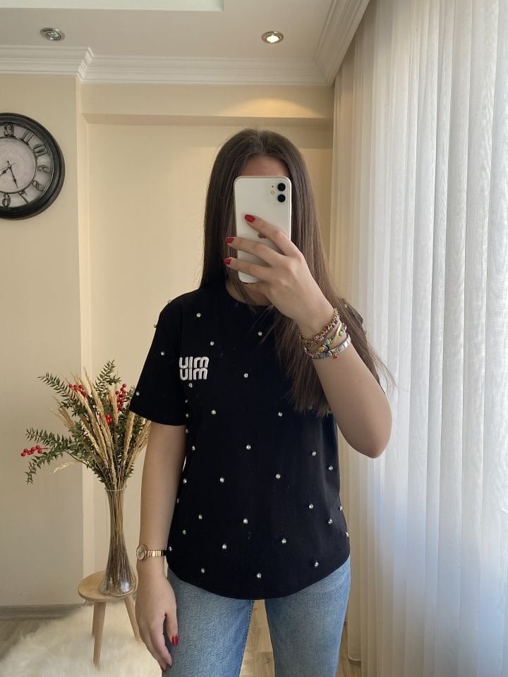 Siyah Taşlı Miu Tshirt
