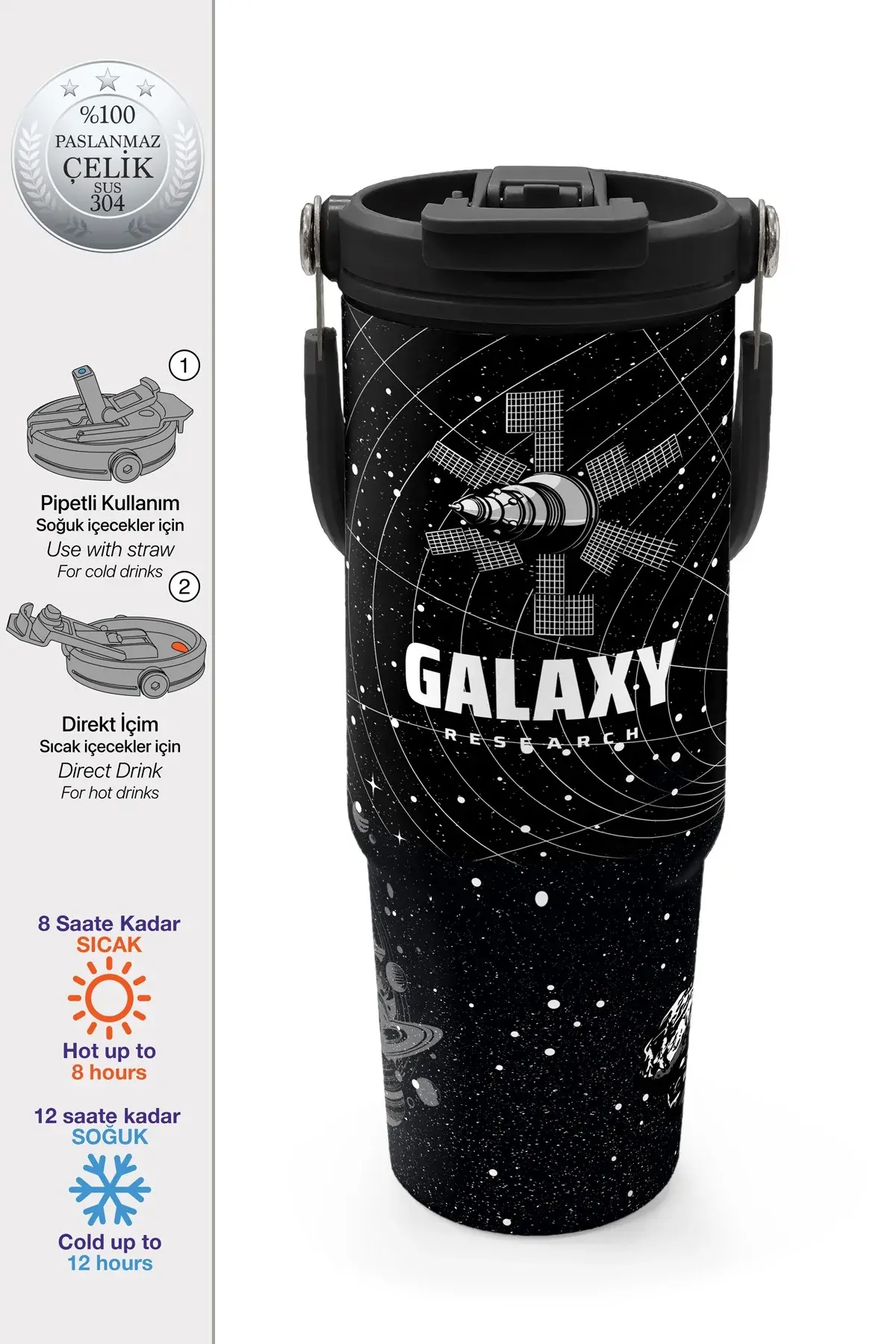 Coral High Siyah Galaxy Desenli Pipetli ve Direkt İçim Çelik Termos 900 ml 38713 Adet