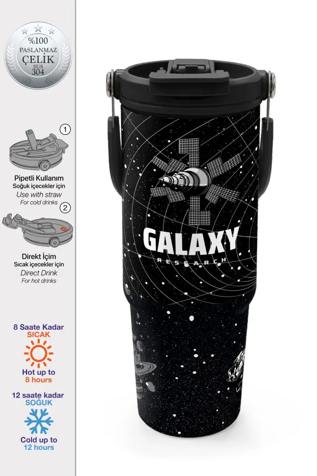 Coral High Siyah Galaxy Desenli Pipetli ve Direkt İçim Çelik Termos 900 ml 38713 Adet