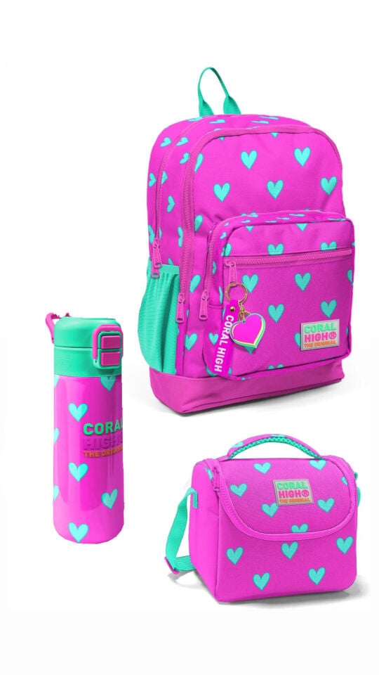 Coral High Kids Neon Pembe Su Yeşili Kalp Desenli Çanta Adet