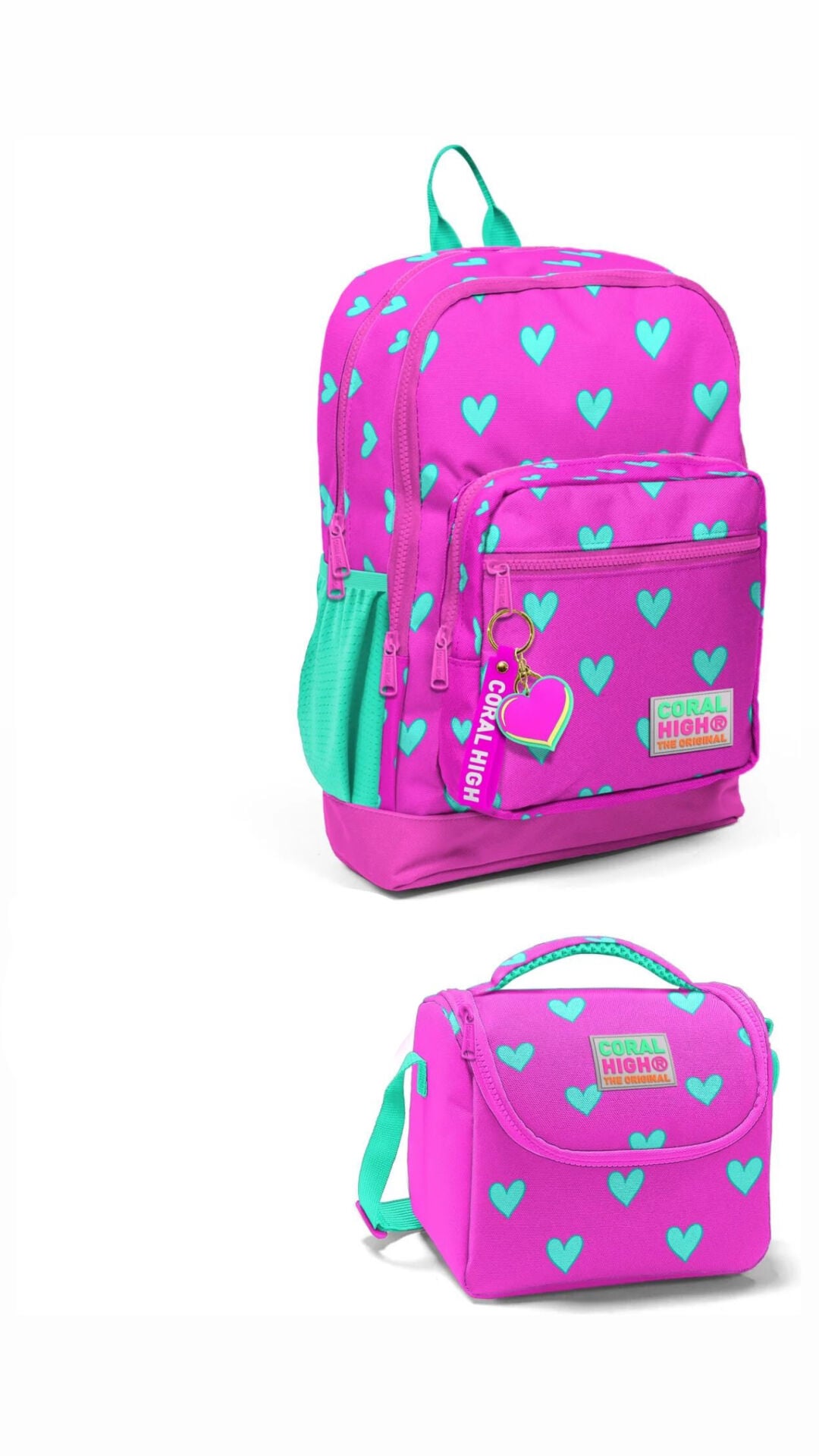 Coral High Kids Neon Pembe Su Yeşili Kalp Desenli Çanta Adet