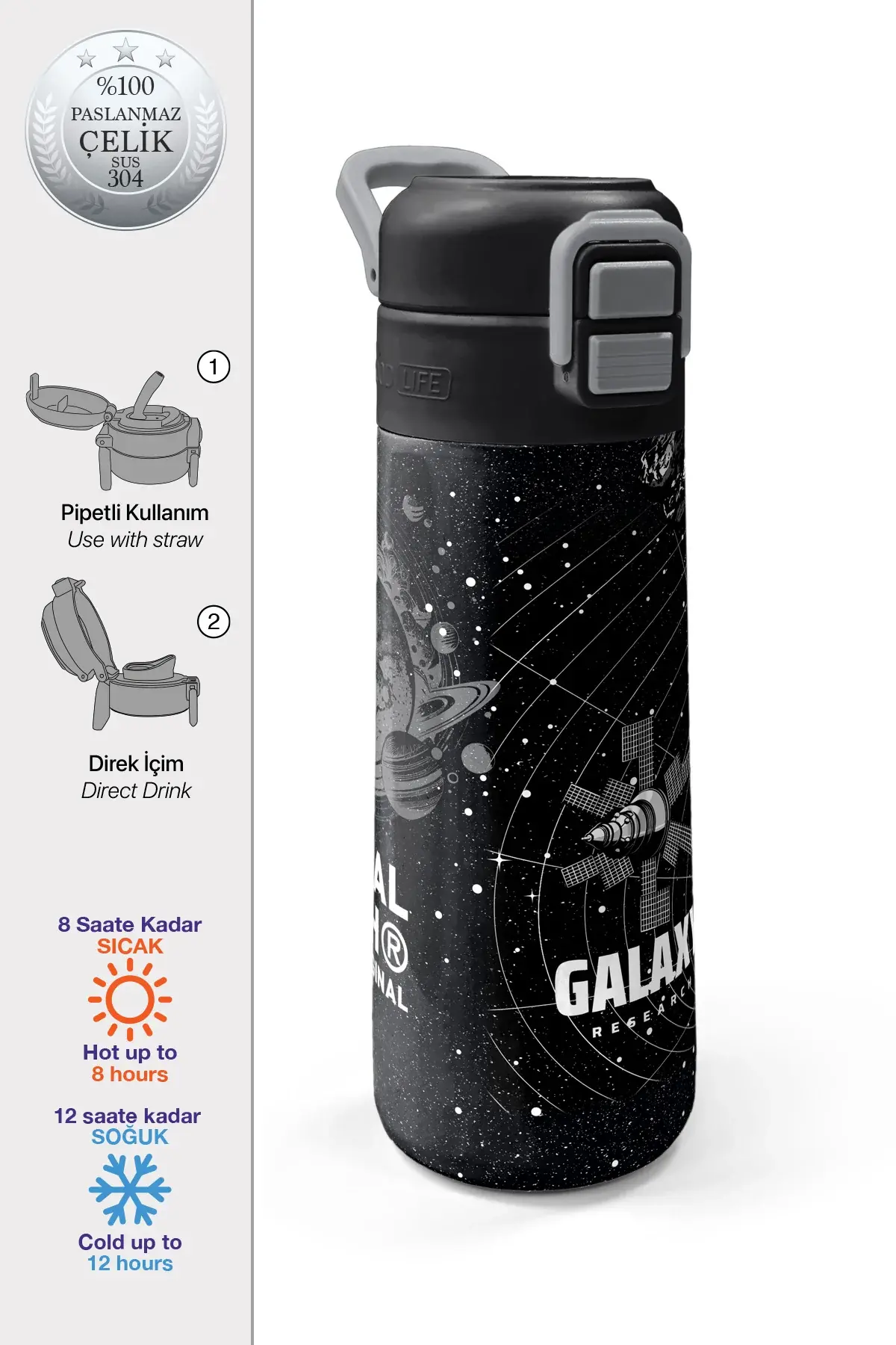 Coral High Kids Siyah Galaxy Desenli Pipetli ve Direkt İçim Çelik Termos 500 ml 31857 Adet