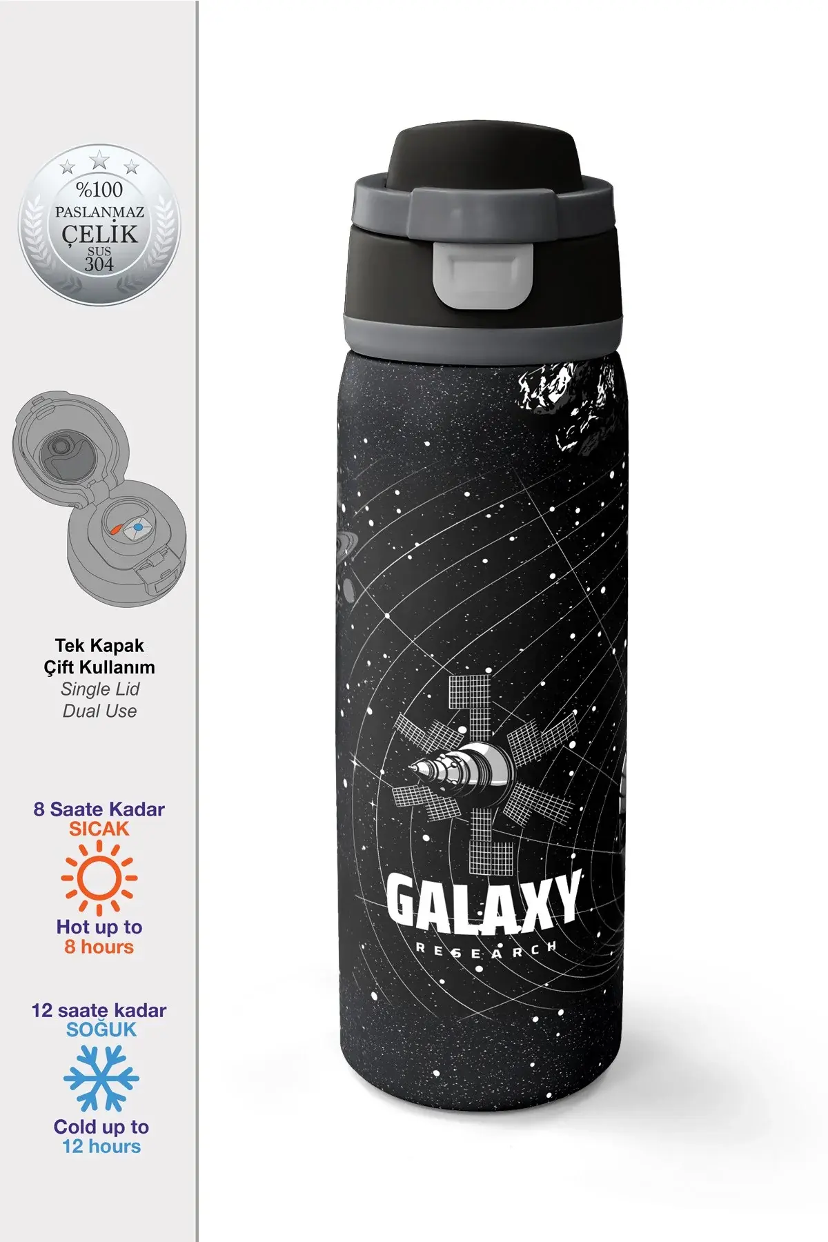 Coral High Siyah Galaxy Desenli Pipetli ve Direkt İçim Çelik Termos 800 ml 38533 Adet