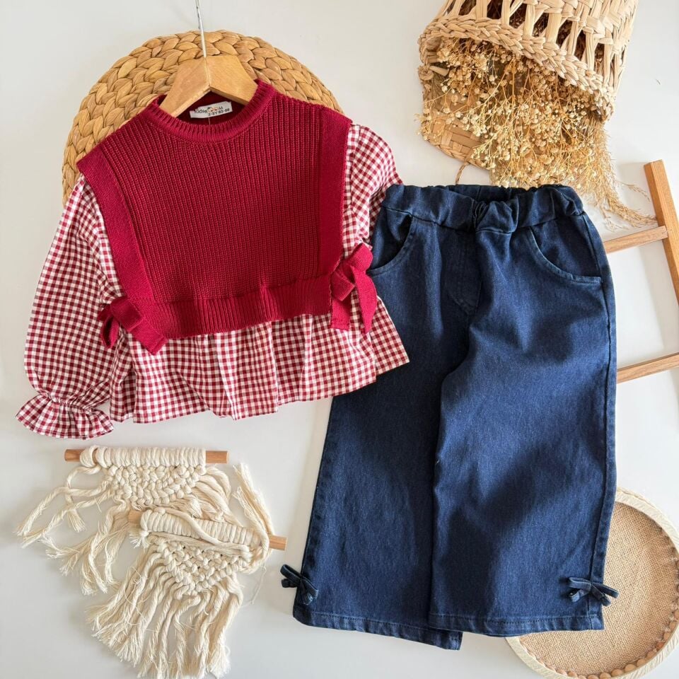 Süveterli Pötikareli Bordo Takım 9-10 YAŞ