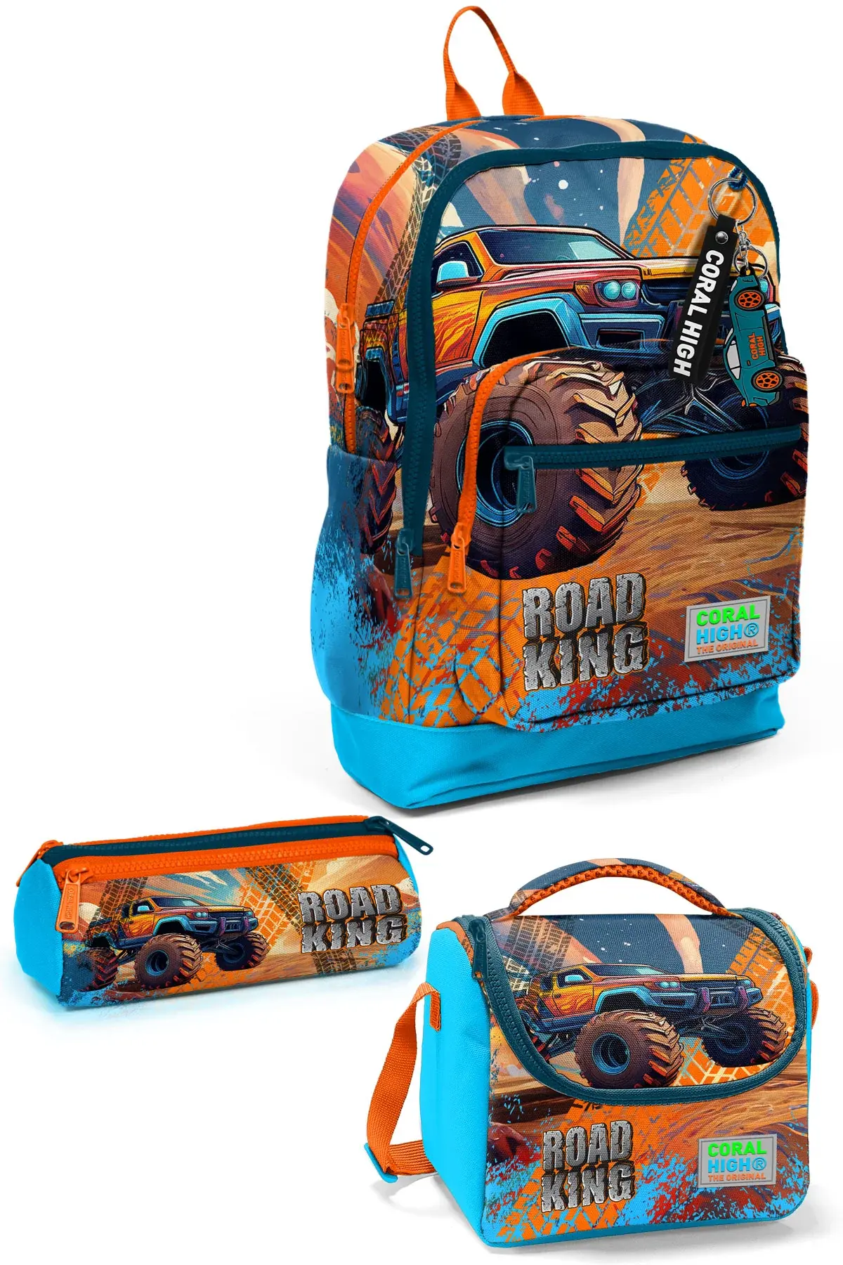 Coral High Kids Mavi Turuncu High Wheels Truck Desenli 3’lü Okul Çanta Seti SET0123778 Adet