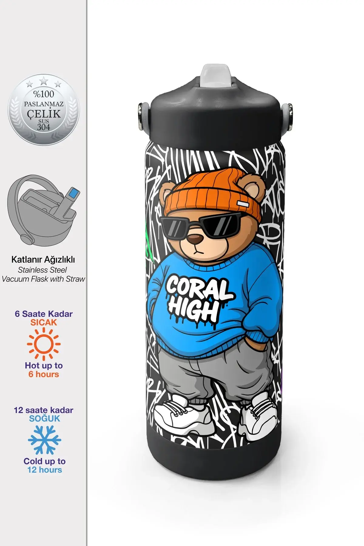 Coral High Grafiti Ayıcık Desenli Katlanır Ağızlıklı Çelik Termos 650 ml 38332 Adet