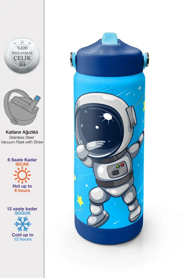 Coral High Lacivert Mavi Astronot Desenli Katlanır Ağızlıklı Çelik Termos 650 ml 38389 Adet