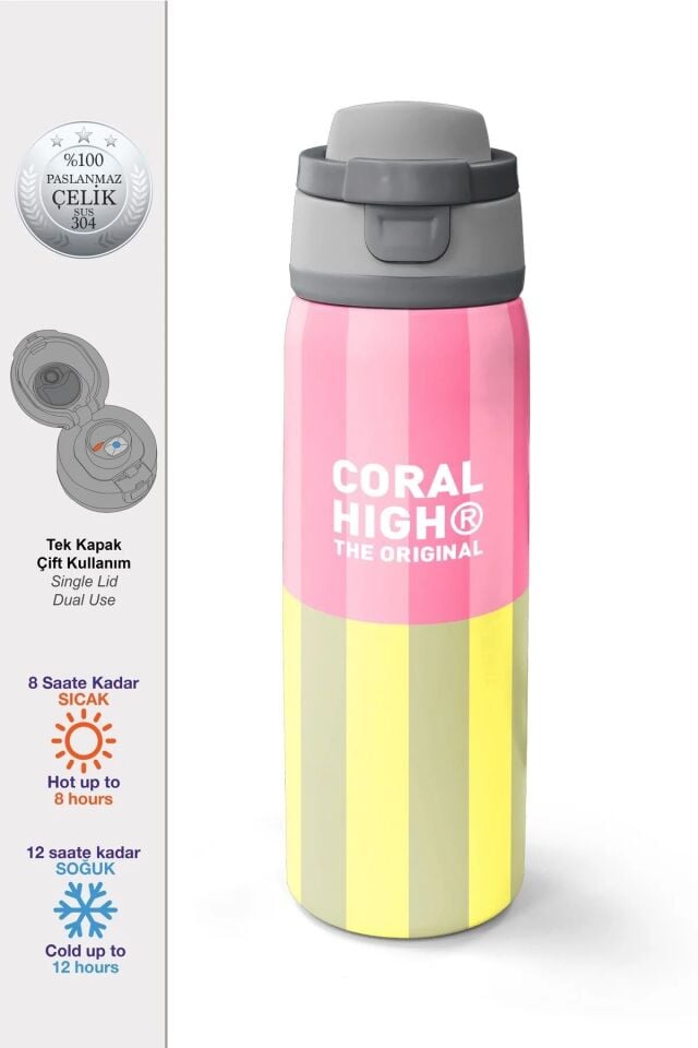 Coral High Pembe Sarı Çizgi Desenli Pipetli ve Direkt İçim Çelik Termos 800 ml 38501 Adet