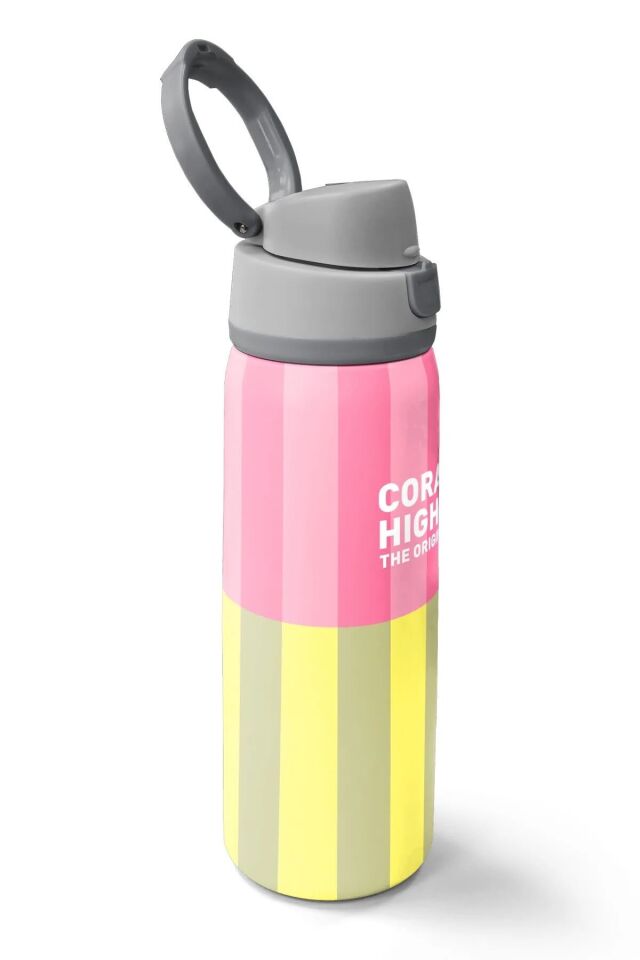 Coral High Pembe Sarı Çizgi Desenli Pipetli ve Direkt İçim Çelik Termos 800 ml 38501 Adet