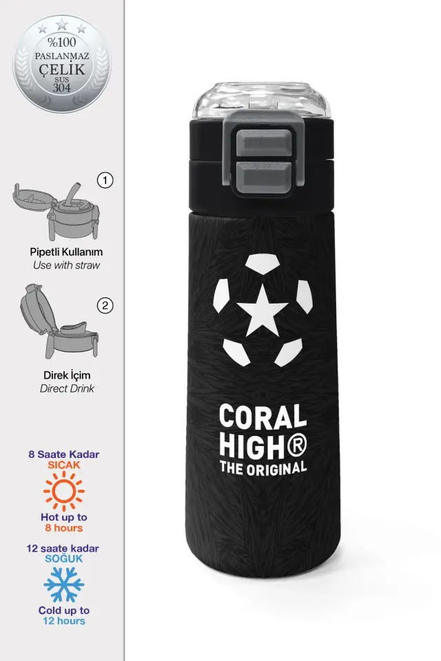 Coral High Kids Siyah Futbol Desenli Pipetli ve Direkt İçim Çelik Termos 500 ml 31898 Adet