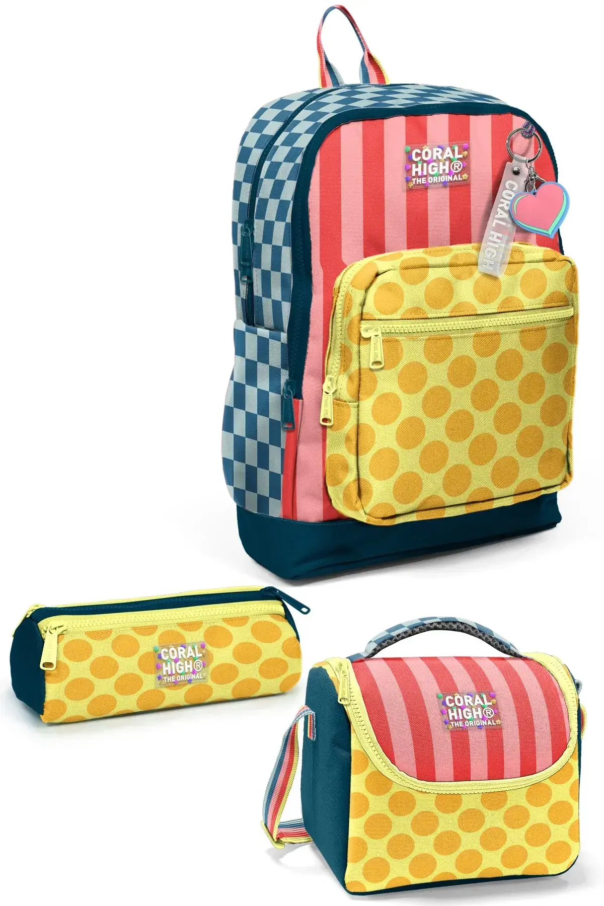 Coral High Kids Çok Renkli Dama Çizgi Puantiye Desenli 3’lü Okul Çanta Seti SET0133204(Kopya) Adet