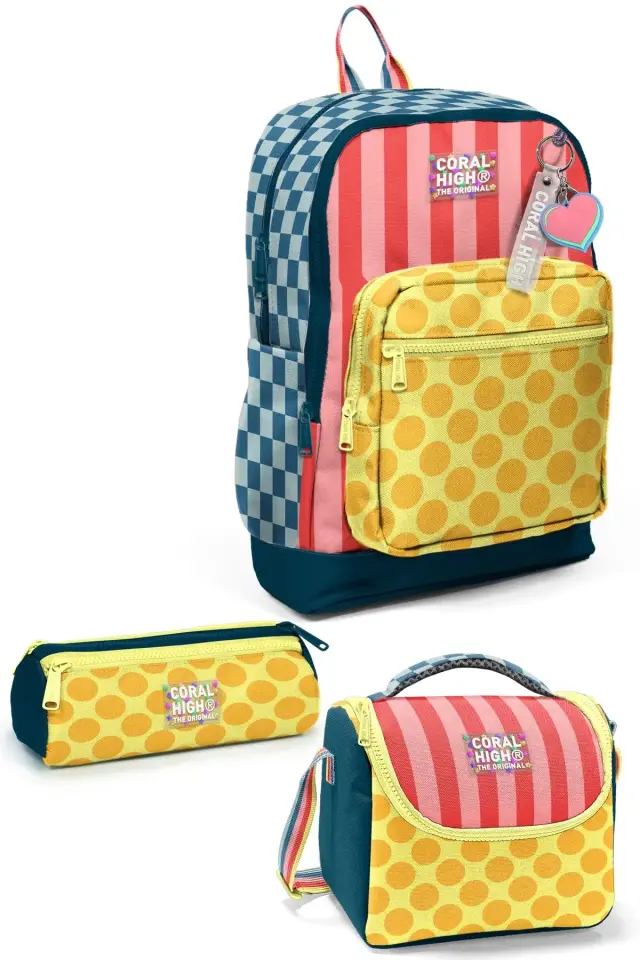Coral High Kids Çok Renkli Dama Çizgi Puantiye Desenli 3’lü Okul Çanta Seti SET0133204(Kopya) Adet