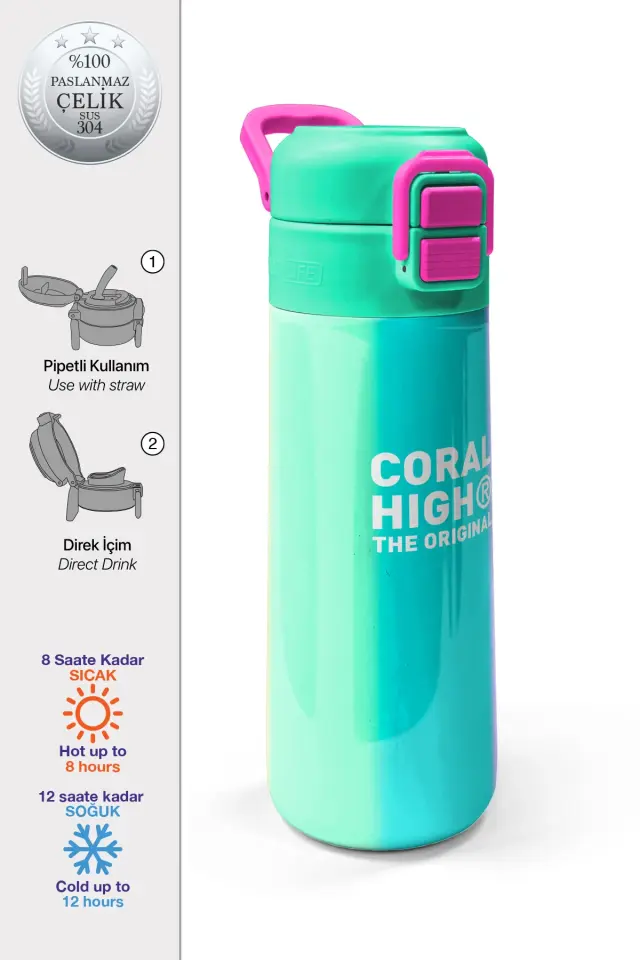 Coral High Kids Renkli Çizgili Pipetli ve Direkt İçim Çelik Termos 500 ml 31844 Adet