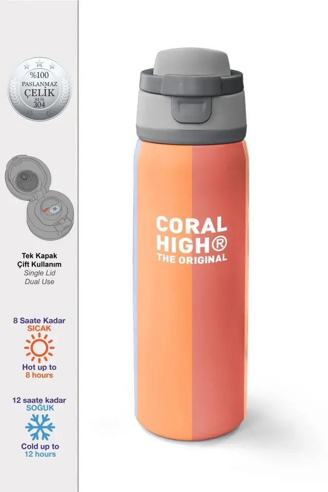 Coral High Kids Renkli Çizgili Desenli Pipetli ve Direkt İçim Çelik Termos 800 ml 38540 Adet