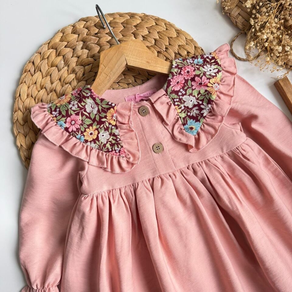 Bebe Yakalı Çicekli Elbise Pudra (toka hediyelidir) 5-6 YAŞ