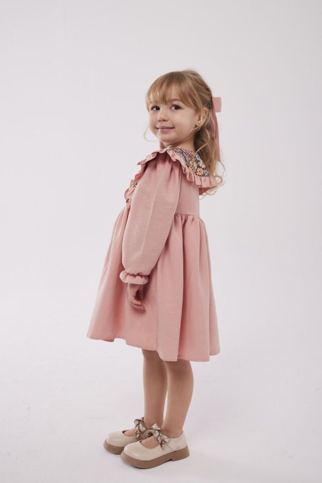 Bebe Yakalı Çicekli Elbise Pudra (toka hediyelidir) 5-6 YAŞ