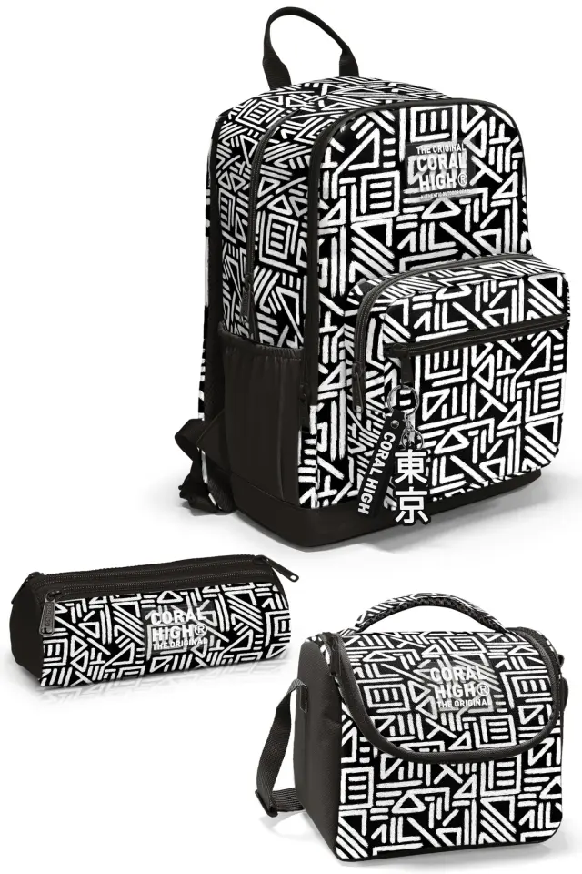 Coral High Siyah Beyaz Geometrik Desenli 3’lü Okul Çanta Seti SET0123682 Adet