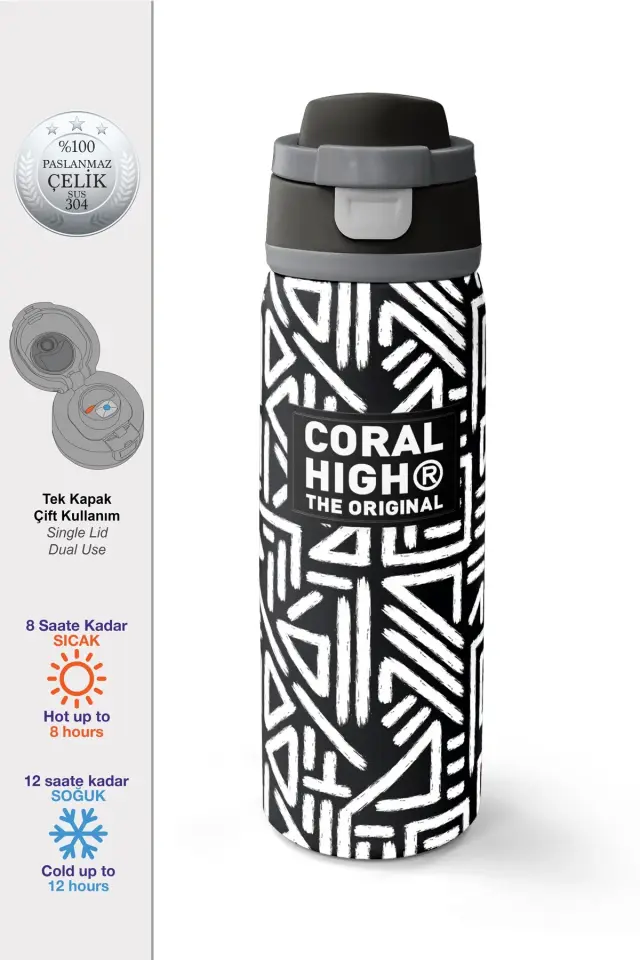 Coral High Siyah Beyaz Geometrik Desenli Pipetli ve Direkt İçim Çelik Termos 800 ml 38542 Adet