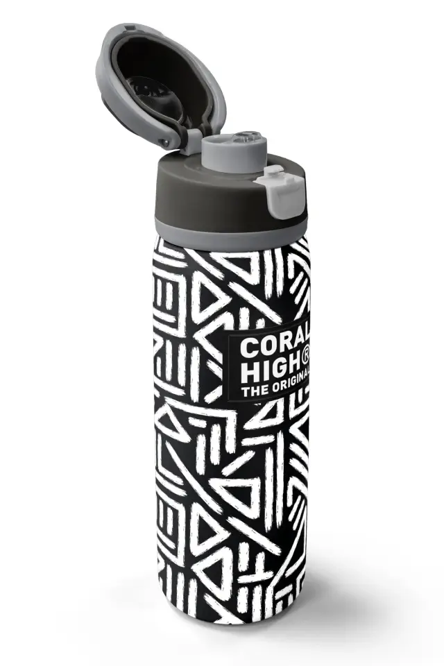Coral High Siyah Beyaz Geometrik Desenli Pipetli ve Direkt İçim Çelik Termos 800 ml 38542 Adet